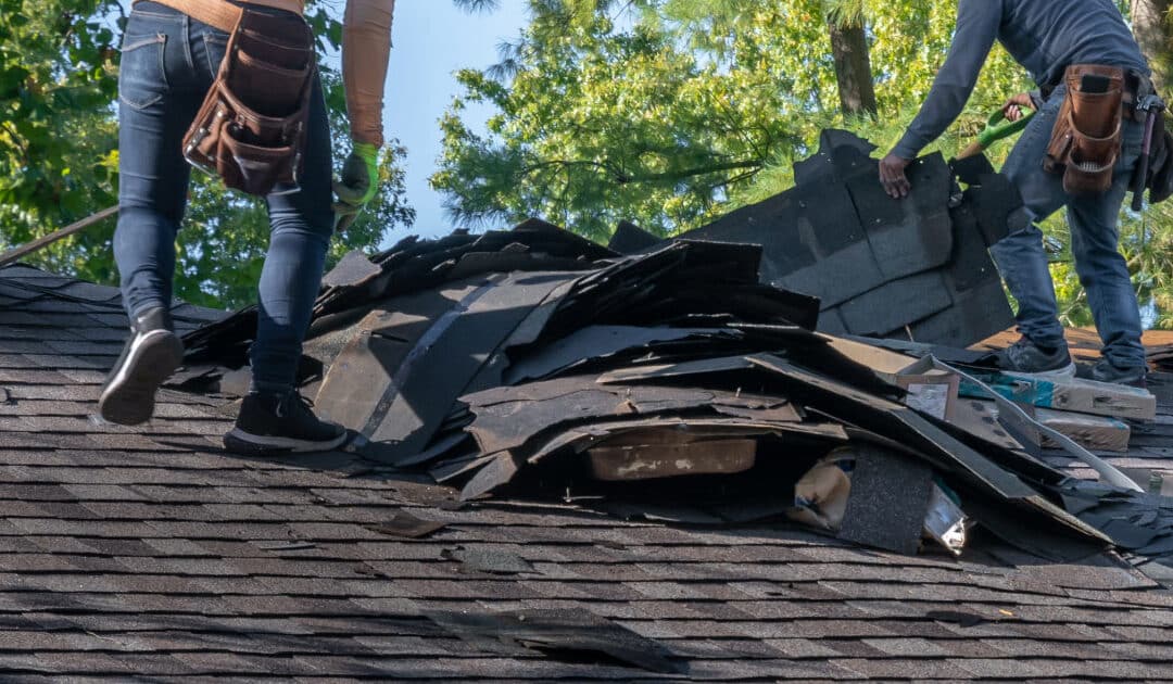 Roofers repairing roof after tree fell during storm