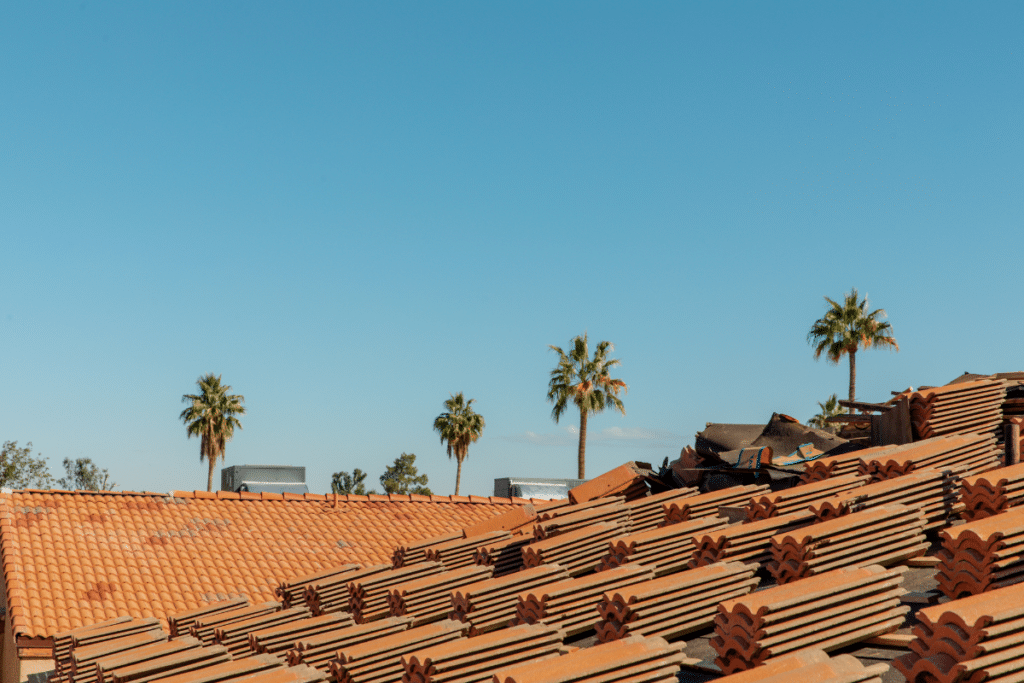 Clay tiles line the roof of a Phoenix home under a sunny sky, framed by towering palm trees in the background.