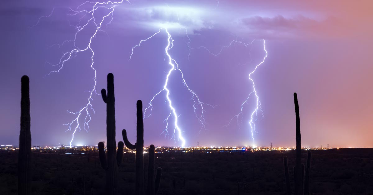 Photograph taken of lighting strikes in the Sonoran Desert during monsoon season