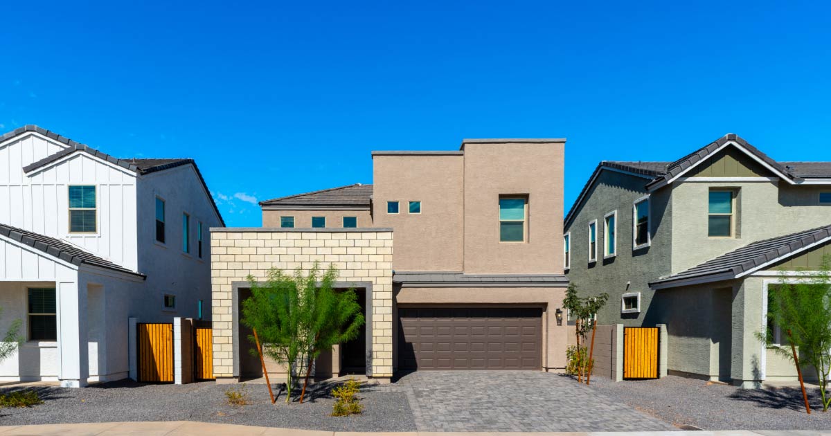 Row of modern new houses in Chandler with different roof designs